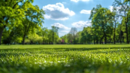 Sunny Spring Day: Green Lawn, Trees, Blue Sky, White Clouds, Beautiful Nature Background