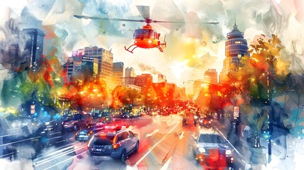 Helicopter Hovering Above Busy City Streets at Sunset, Cast in Watercolor Hues