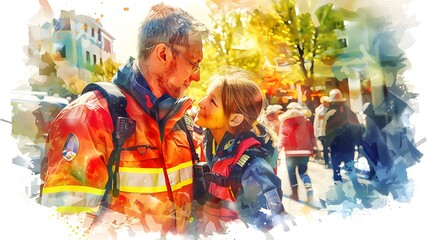 Firefighter and Child Sharing a Tender Moment Amidst Emergency Response