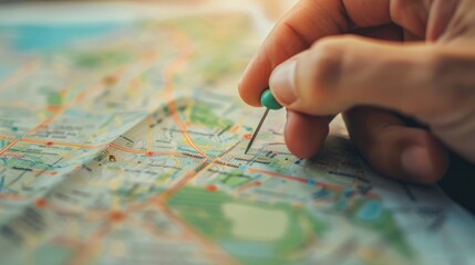A person holding a pin location map and pointing to a specific area of interest. 