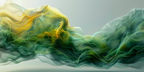 Ethereal Green and Yellow Abstract Smoke Waves on Grey