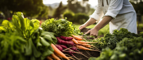 A farmer is harvesting fresh vegetables from an organic garden, with various types of carrots and radish in focus in the foreground. - Powered by Adobe