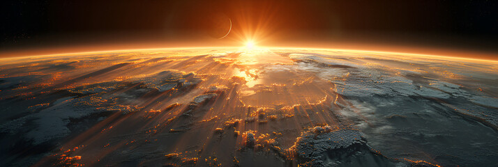 3D Render Sunrise View from Space on Planet Earth,
Sunrise over earth sunrise in space Generative AI
