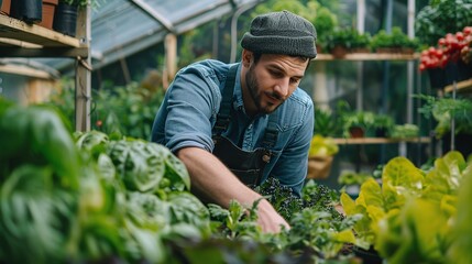 Young Male Landscaper Tending to Plants in a Bright and Cheerful Greenhouse Environment