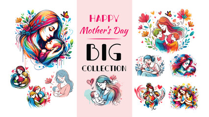 Set of Mothers Day vector illustrations with cute trendy watercolor of mom and kids, baby, bouquet of spring flowers