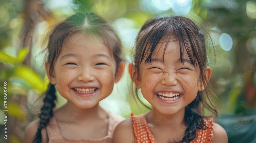 Sticker two joyful young girls of asian descent