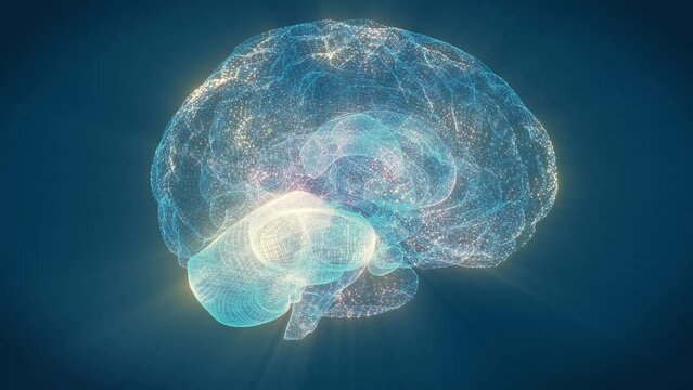 Video animation of a human brain consists of rotating particles - artificial intelligence - digital brain.