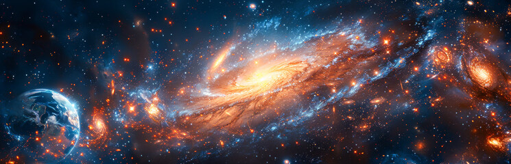 Cosmic Spectacle: Spiral Galaxies Colliding Across the Universe - obrazy, fototapety, plakaty