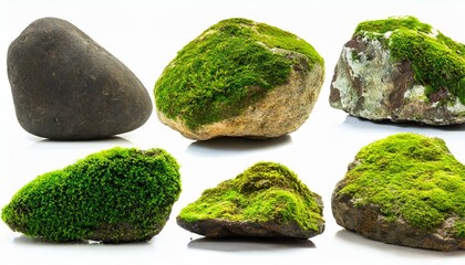 Set of moss-covered rocks cut out White background.