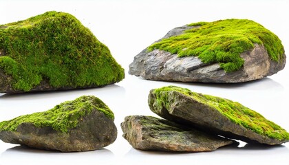 Set of moss-covered rocks cut out White background.