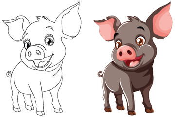 Vector illustration of a piglet, colored and line art.