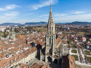 Bern, Switzerland: Aerial view of the cathedral in Bern medieval old town in Switzerland capital...