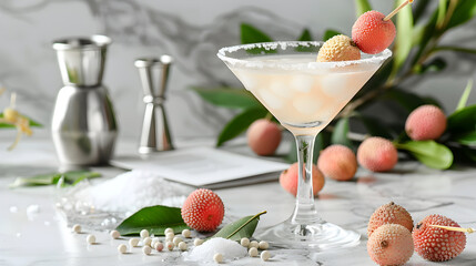 Refreshing Lychee Martini Cocktail: A Vibrant Presentation of Ingredients and Recipe Card