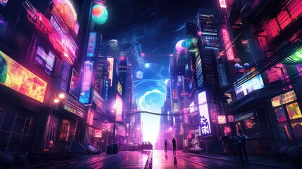 A cyberpunk-inspired cityscape at night, illuminated by neon signs and lights, with futuristic cars traversing the vividly colored streets. Resplendent.