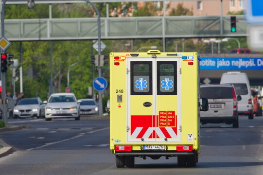Ambulance medical vehicle in Prague. Medical emergencies. Emergency medical services. Czech republic.