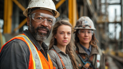 A group of three construction workers standing in front of an industrial construction site