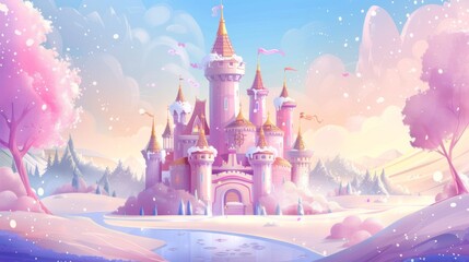 Vector pink princess magic castle.  - obrazy, fototapety, plakaty