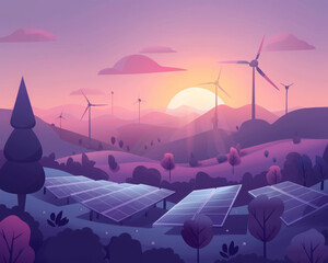 A beautiful landscape image of a field of solar panels and wind turbines at sunset.