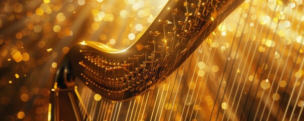 A close up image of a gold harp against a blurry background of golden light.