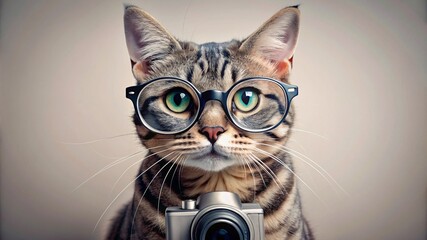 cute grey tabbi cat with blue eyes  wearing glasses photographer