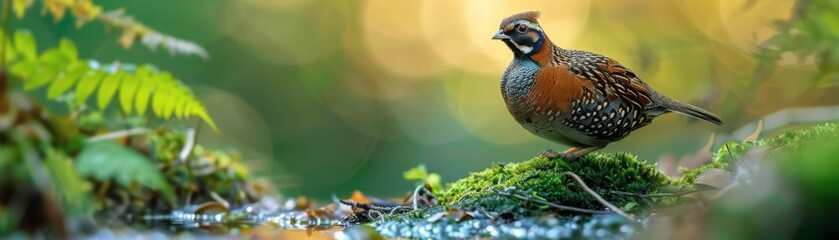 Fototapeta premium A colorful bird is standing on a branch in a forest. The bird has brown, black, and white feathers. The background is green and out of focus.