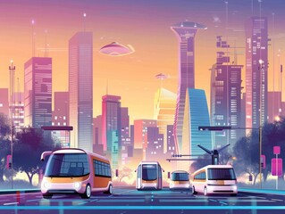 A futuristic city with flying cars and buses.