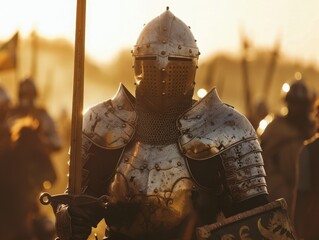 A knight in full armor is standing in a field, holding a sword and shield. The sun is setting behind him. - obrazy, fototapety, plakaty