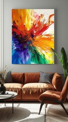 A painting of a colorful explosion of paint. The colors are vibrant and the brushstrokes are thick and expressive. The painting has a sense of energy and movement, and it seems to capture the moment o