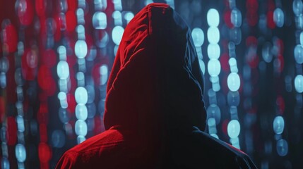 A person in a dark hoodie stands in front of a red and blue circuit board. - obrazy, fototapety, plakaty