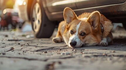 Welsh Corgi canine resting beside a car on the ground with a limited depth of field