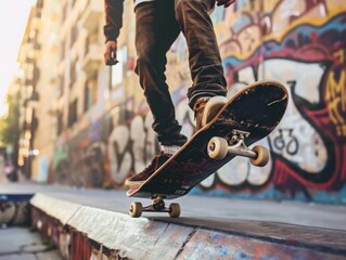 A skateboarder is doing an ollie over a curb.