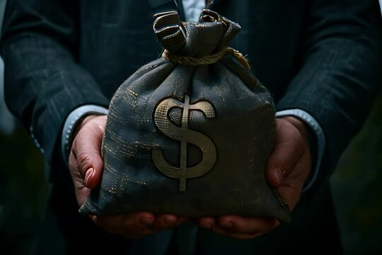 Financial Symbolism, Individual Holding Bag Marked with Dollar Sign