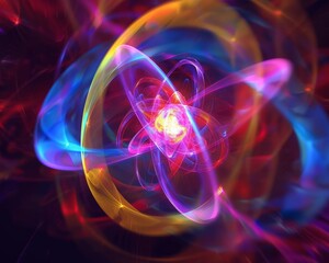 An illustration of an atom with a glowing nucleus and colorful electron clouds. - obrazy, fototapety, plakaty