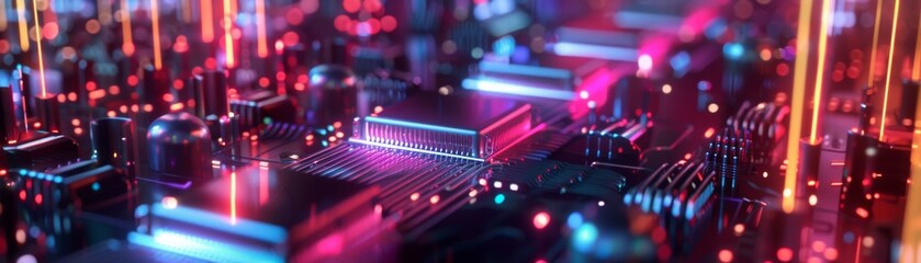 circuit board with glowing lights - obrazy, fototapety, plakaty