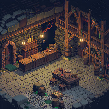 Pixel Art Fantasy Tavern with Adventurers.  fantasy cozy tavern interior, pixel sprites adventurers. 