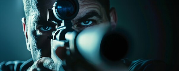 Intense close-up of a sniper with eye on scope, heightened focus in a high-stakes scenario - obrazy, fototapety, plakaty