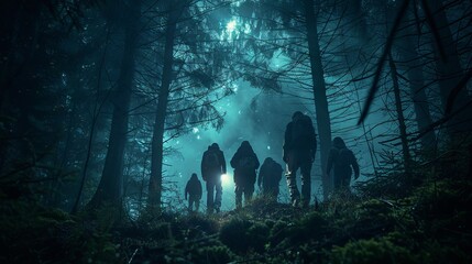 A leader guiding a group through a dark forest with only a flashlight, representing guidance and trust