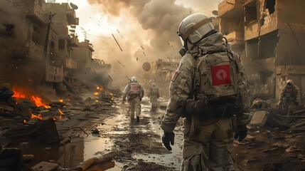 A squad of futuristic soldiers with red insignia patrols through the smoky ruins of a devastated city.