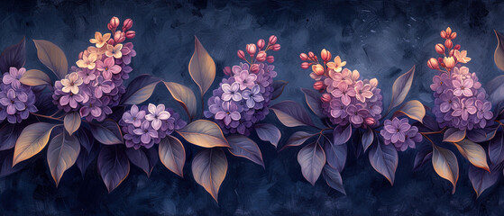 painting of a row of purple flowers with green leaves - obrazy, fototapety, plakaty