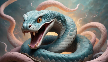 Fototapeta premium Fantasy Illustration of a wild snake. Digital art style wallpaper background.