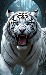 Naklejka premium Fantasy Illustration of a wild animal white tiger. Digital art style wallpaper background.