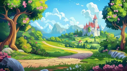 A fairytale landscape unfolds as a winding road leads to a majestic princess castle in the distance, depicted in a captivating vector illustration. - obrazy, fototapety, plakaty