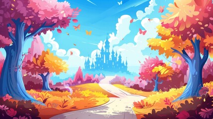 A fairytale landscape unfolds as a winding road leads to a majestic princess castle in the distance, depicted in a captivating vector illustration. - obrazy, fototapety, plakaty