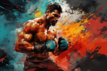 A boxer stands up in boxing gloves on an abstract background on a sports theme. Illustration - obrazy, fototapety, plakaty