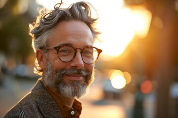 Portrait of a handsome middle-aged man with gray hair and beard, wearing glasses, looking at the camera and smiling while standing in the street at sunset - Powered by Adobe