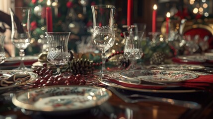 Fototapeta na wymiar A festive table set with elegant china and sparkling silverware, awaiting the arrival of friends and family for a holiday feast. 8k, realistic, full ultra HD, high resolution, and cinematic