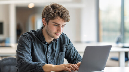 A young man works on a computer while sitting at a table in a modern bright office - obrazy, fototapety, plakaty