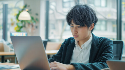 A young asian man works on a computer while sitting at a table in a modern bright office - obrazy, fototapety, plakaty