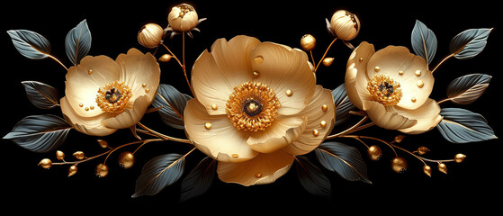 a three flowers with gold leaves and berries on a black background
