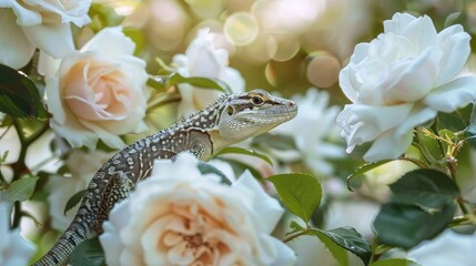 Blurred view of a lizard surrounded by pale white roses blossoming on branches during summer in a garden